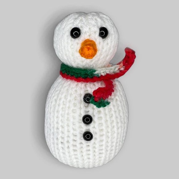 Handcrafted Knit Snowman with Crochet Scarf and Crochet Carrot Nose - Picture 5 of 12